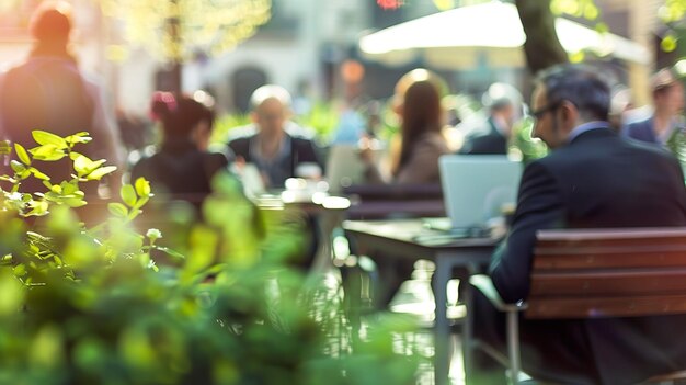 Foto gente de negocios borrosa en un café al aire libre trabajando en computadoras portátiles y tomando notas mientras se conecta