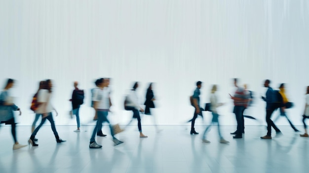 gente de negocios borrosa caminando en una conferencia de feria comercial o caminando en un salón moderno velocidad de movimiento borroso AI generativo