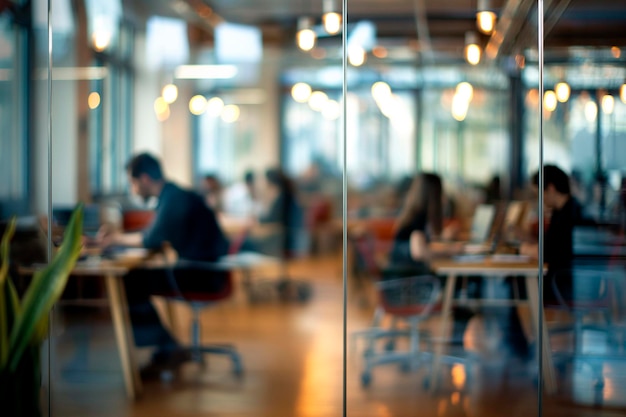 gente de negocios borrosa trabajando en escritorios en una oficina