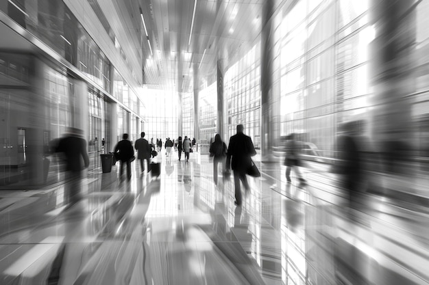 gente de negocios de la ciudad se mueve en el vestíbulo de la oficina abstracto movimiento borroso imágenes en blanco y negro