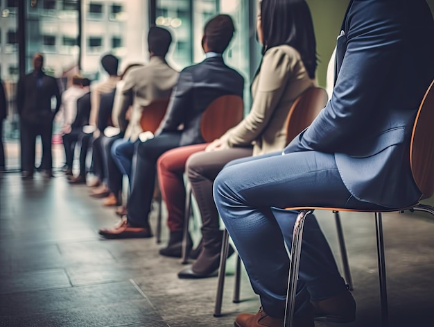 Gente de negocios cola día de carrera Línea de personas sentadas y esperando una entrevista de trabajo Candidatos esperando caza de cabezas Ilustración de IA generativa