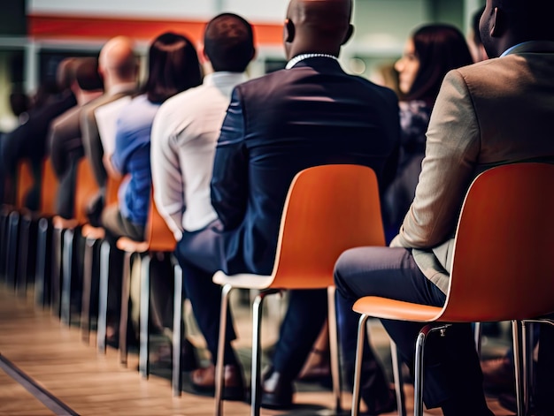 Gente de negocios cola día de carrera Línea de personas sentadas y esperando una entrevista de trabajo Candidatos esperando caza de cabezas Ilustración de IA generativa