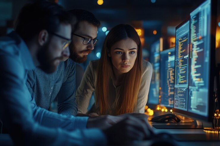 Gente de negocios computadora y trabajo en equipo nocturno con planificación colaboración o resolución de problemas en tecnología