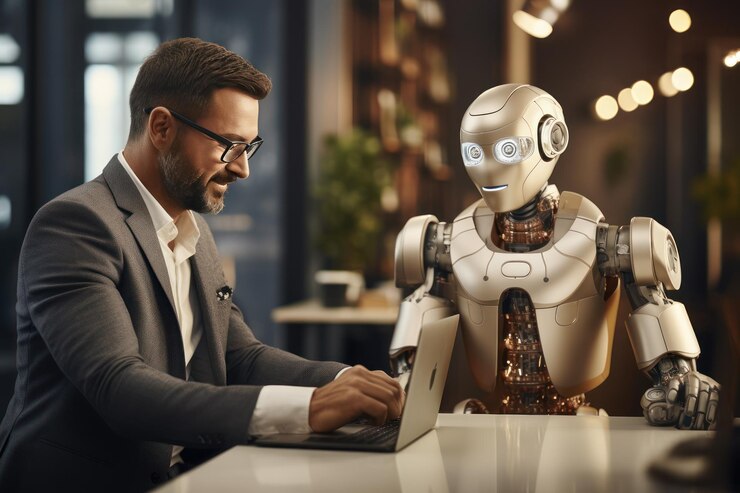 Gente de negocios con concepto de estilo en vivo de robot AI IA generativa