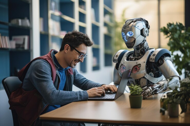 Gente de negocios con concepto de estilo en vivo de robot AI IA generativa