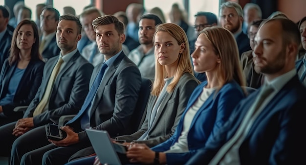 Foto gente de negocios escuchando al orador en la conferencia y seria ia generativa