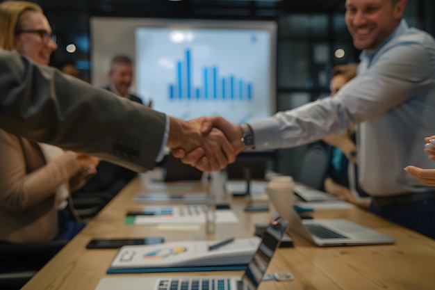 Foto gente de negocios estrechando la mano al terminar una reunión concepto de negocio