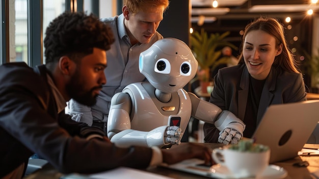 Foto gente de negocios feliz supervisando a un robot de ia que trabaja en la oficina