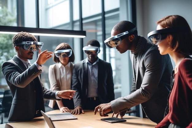 Foto gente de negocios en gafas 3d con el equipo detrás de ellos