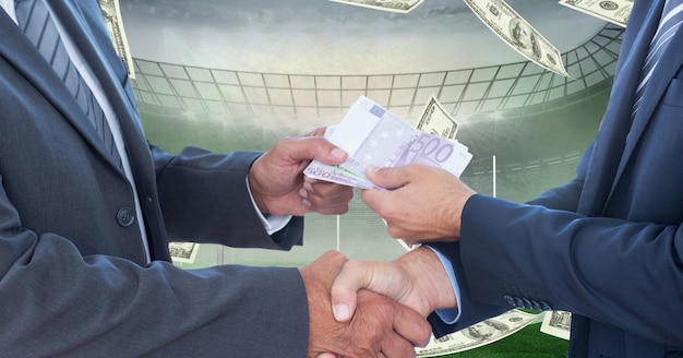 Gente de negocios intercambiando dinero en el estadio de fútbol que representa la corrupción