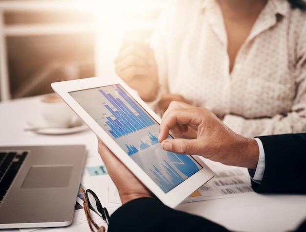 Gente de negocios manos y tableta con gráfico o infográfico para el plan de presupuesto o revisión financiera Contadores del grupo corporativo y pantalla para el análisis de datos erp y informe de ingresos en la oficina