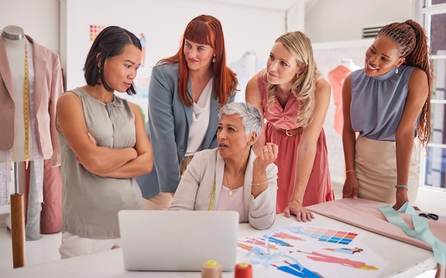 Gente de negocios de moda y diseño en colaboración para la planificación de estrategias o ideas en una computadora portátil en la oficina Grupo de diseñadores de empleados en discusiones de negocios para marketing o publicidad de ropa