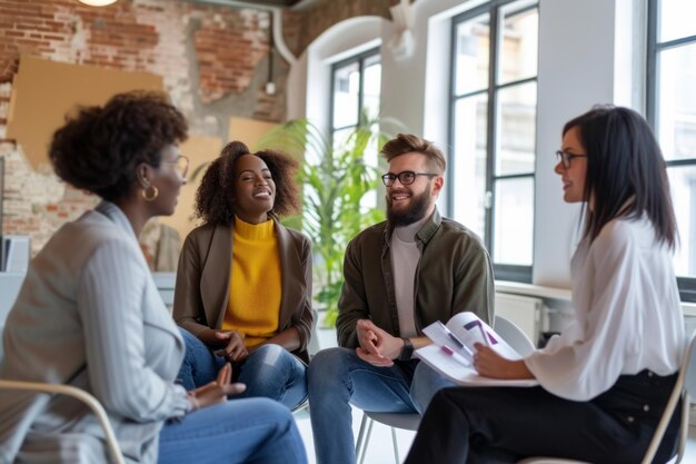 Foto gente de negocios multirracial que tiene capacitación empresarial en la oficina empleados multiétnicos felices sentados en círculo en sillas durante tormentas de ideas informales discutiendo compartiendo ideas