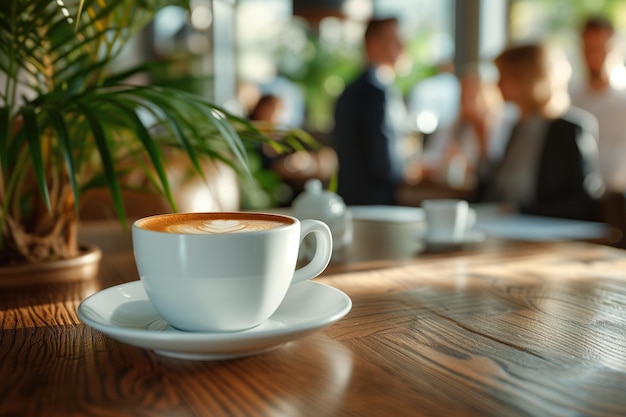 Gente de negocios de pie alrededor de una mesa con café