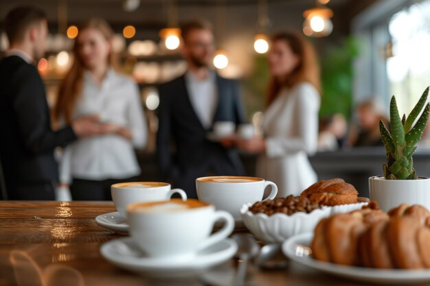 Gente de negocios de pie alrededor de una mesa con café