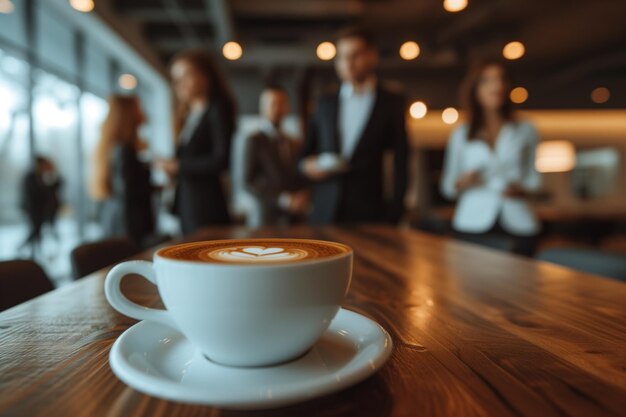 Gente de negocios de pie alrededor de una mesa con café