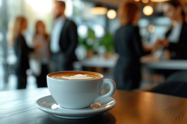 Gente de negocios de pie alrededor de una mesa con café