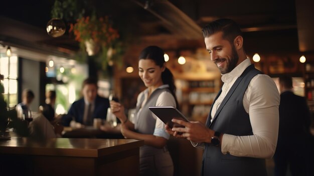 Gente de negocios que trabaja en una tableta digital mientras está de pie en el café