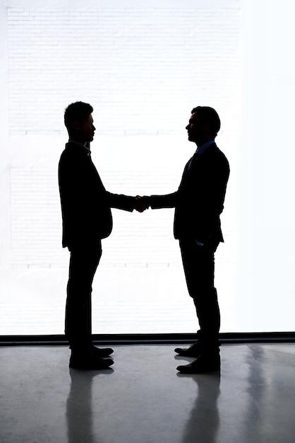 Gente de negocios silueta y apretón de mano en la oficina para acuerdo asociación y colaboración empresa gracias y contratación con bienvenida para oferta de trabajo networking y contrato de trabajo