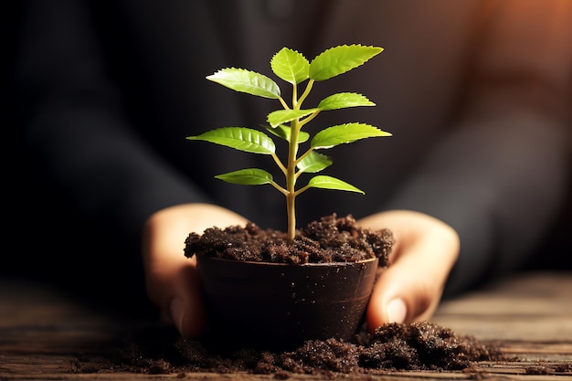 Gente de negocios sosteniendo tierra con planta. Se necesita trabajo en equipo para el crecimiento de una planta viva.