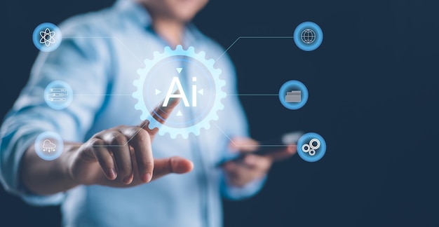 Gente de negocios tocando el diagrama de IA Tecnología en la nube Almacenamiento de datos Redes y servicio de Internet