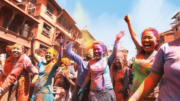 La gente en Nepal celebrando el festival Holi crea un