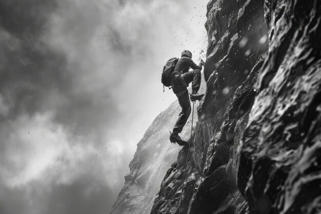 Foto la gente nunca renuncia a la fuerza y el poder el hombre se siente decidido a escalar una ladera empinada