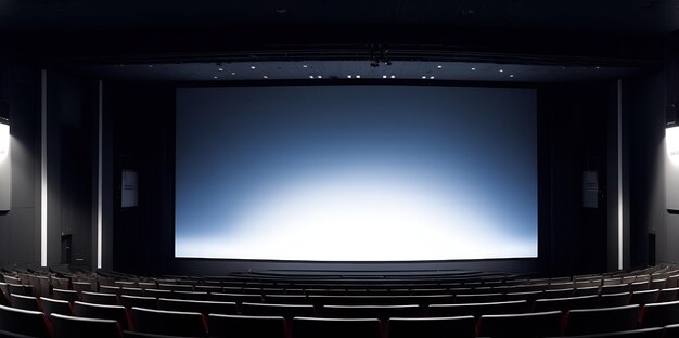 Sin gente o sala de cine vacía con gran pantalla en blanco y auditorio Mockup de sala Hd