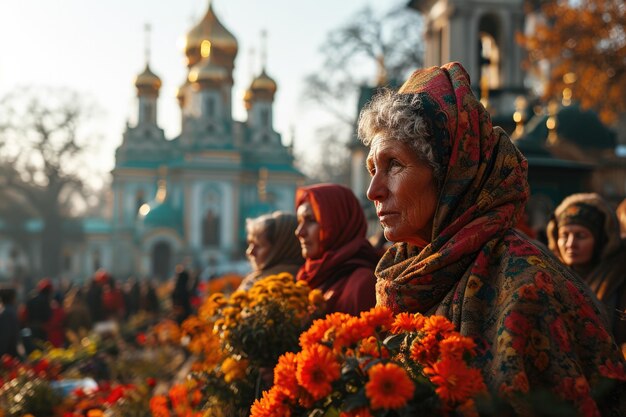 Foto gente ortodoxa reunida cerca de una iglesia resplandeciente durante las celebraciones de pascua