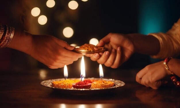 La gente pasa reverentemente ofrendas delante de una diya durante una ceremonia de Diwali