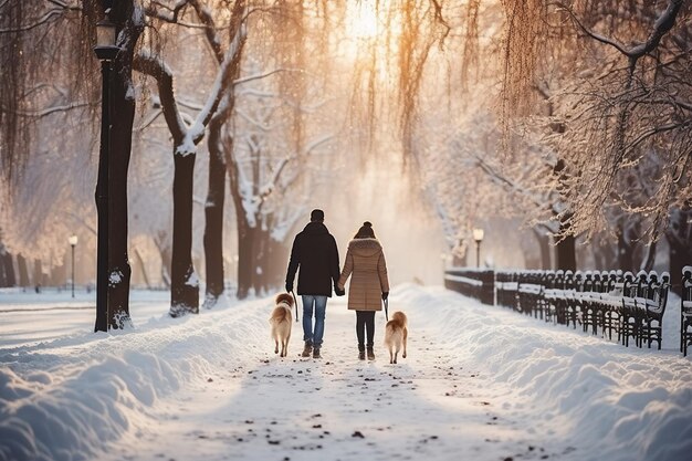 Gente paseando perros en un parque lleno de nieve