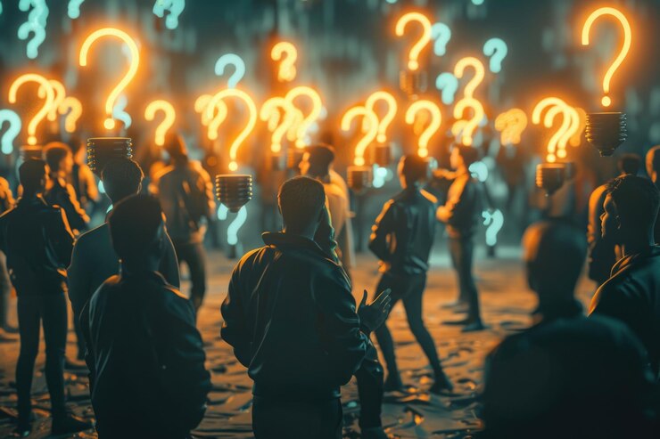 Foto gente pensante con signos de interrogación y bombilla de idea de luz por encima