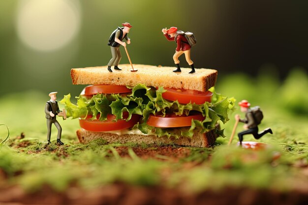 Gente pequeña construyendo sándwiches jugosos en el césped Concepto de comida graciosa