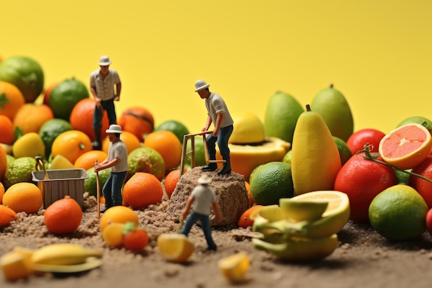 La gente pequeña hace que la comida recoja frutas y verduras.