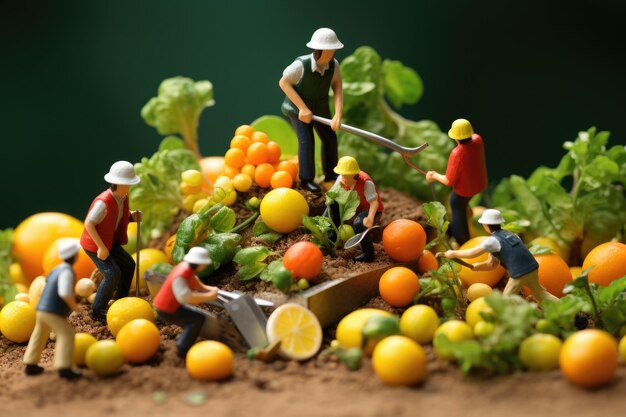 La gente pequeña hace que la comida recoja frutas y verduras.