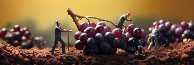 Gente pequeña trabajando en frutas Fondo desenfocado en miniatura