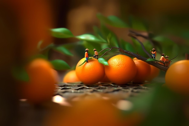 Gente pequeña trabajando en frutas Fondo desenfocado en miniatura