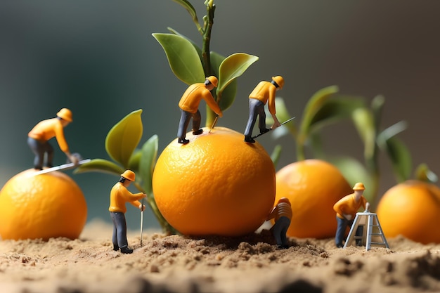 Gente pequeña trabajando en frutas Fondo desenfocado en miniatura