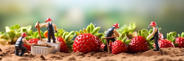 Gente pequeña trabajando en frutas Fondo desenfocado en miniatura