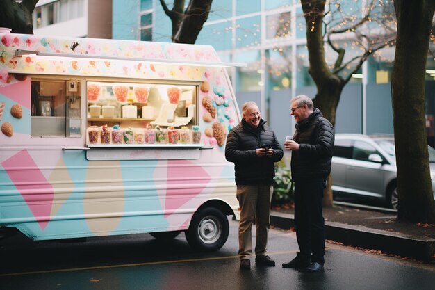 Foto gente de pie en el camión de helados