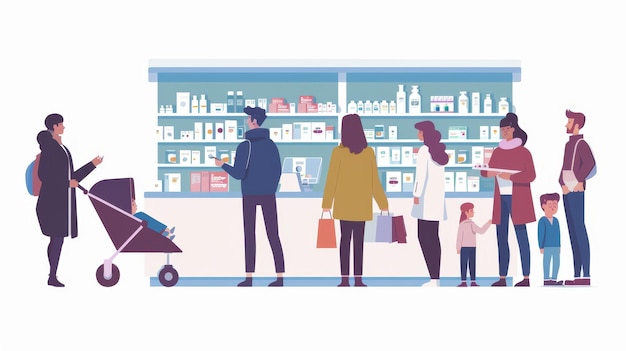 Foto gente de pie en una cola de farmacia ilustración plana moderna que muestra a los farmacéuticos comprando y a una mujer embarazada esperando en una fila con un niño de cochecito y una mujer embarazo