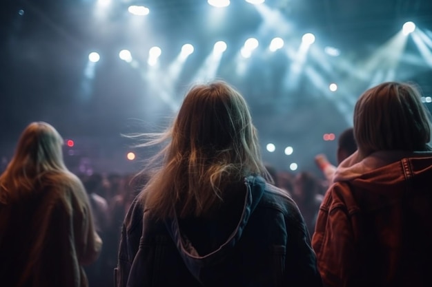 Gente de pie frente a un escenario con luces y luces en la IA generativa