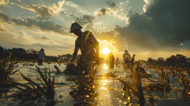 Foto gente de pie en lo alto de un campo inundado