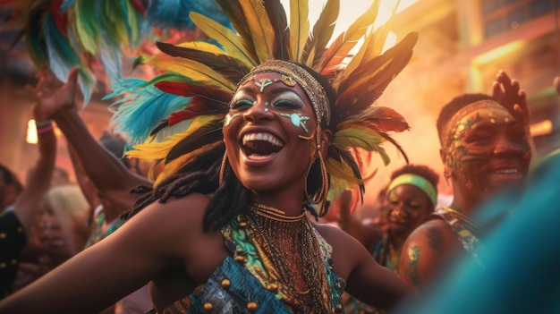 La gente de piel oscura baila en un colorido carnaval