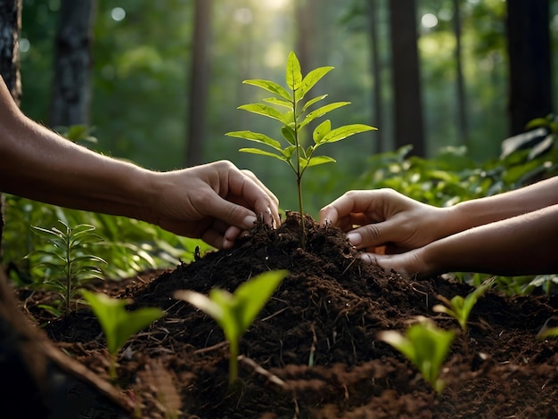 Foto gente plantando árboles en un área abierta en la montaña