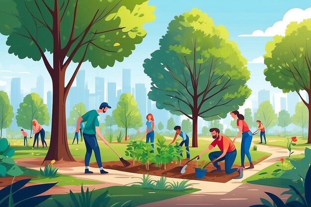 Gente plantando árboles en la granja del jardín del parque de la ciudad Equipo de voluntarios ecológicos adultos felices