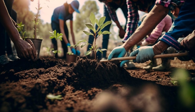 Gente plantando en un jardín.