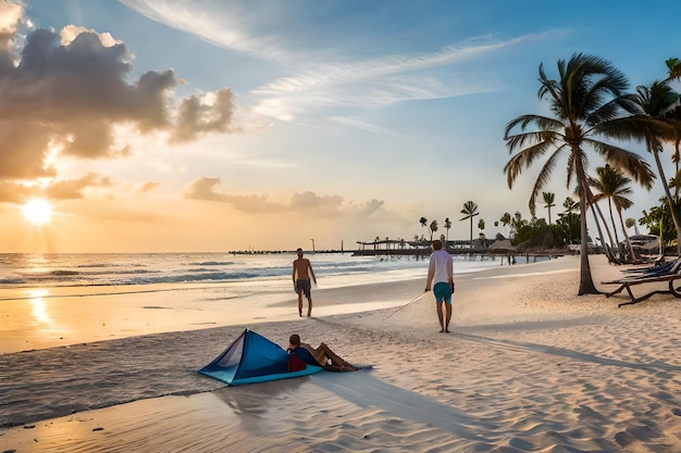 gente en la playa de arena con cocos en la playa del Carmen Yucatan México