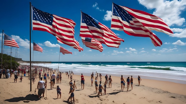 Gente en una playa con banderas y una bandera