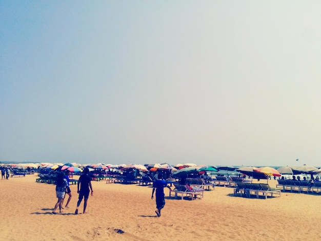 La gente en la playa contra el cielo despejado